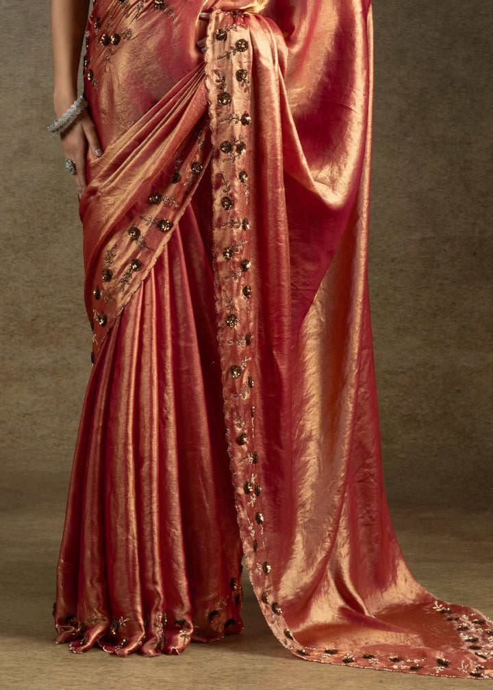 Shades Of Red Two Tone Satin Silk Saree with Intricate Zarkan, Sequin & Bead Work - House of Sarvati LLC