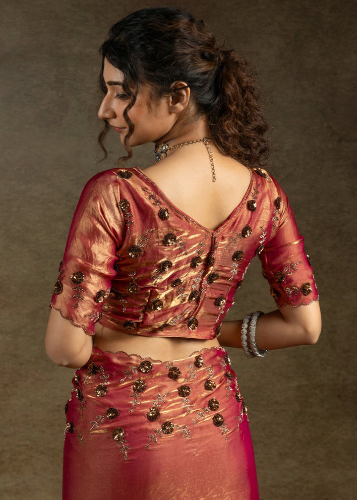 Shades Of Red Two Tone Satin Silk Saree with Intricate Zarkan, Sequin & Bead Work - House of Sarvati LLC