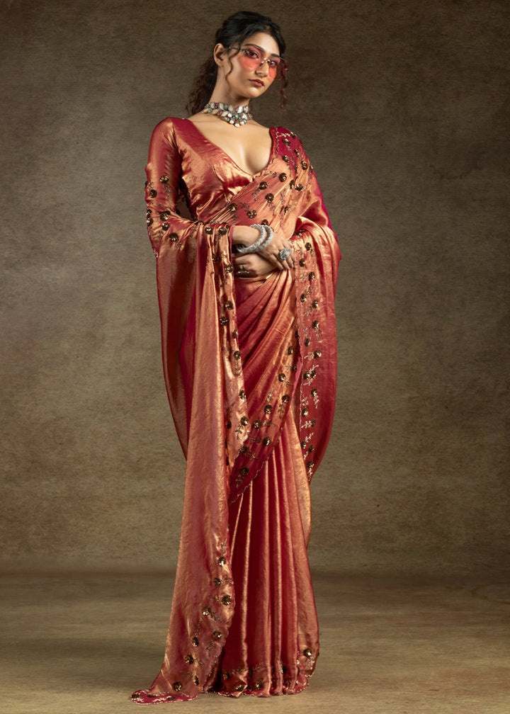 Shades Of Red Two Tone Satin Silk Saree with Intricate Zarkan, Sequin & Bead Work - House of Sarvati LLC