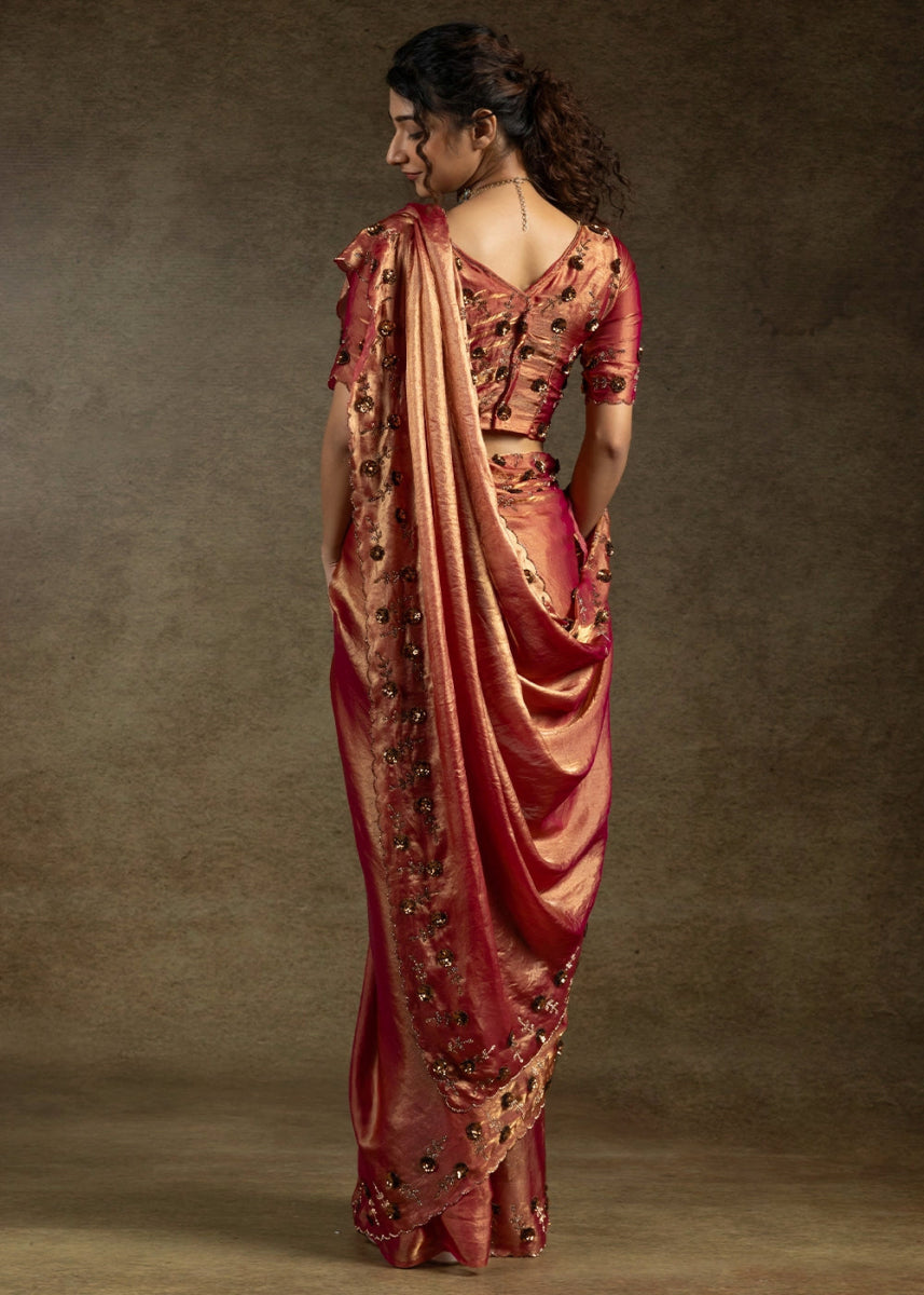 Shades Of Red Two Tone Satin Silk Saree with Intricate Zarkan, Sequin & Bead Work - House of Sarvati LLC