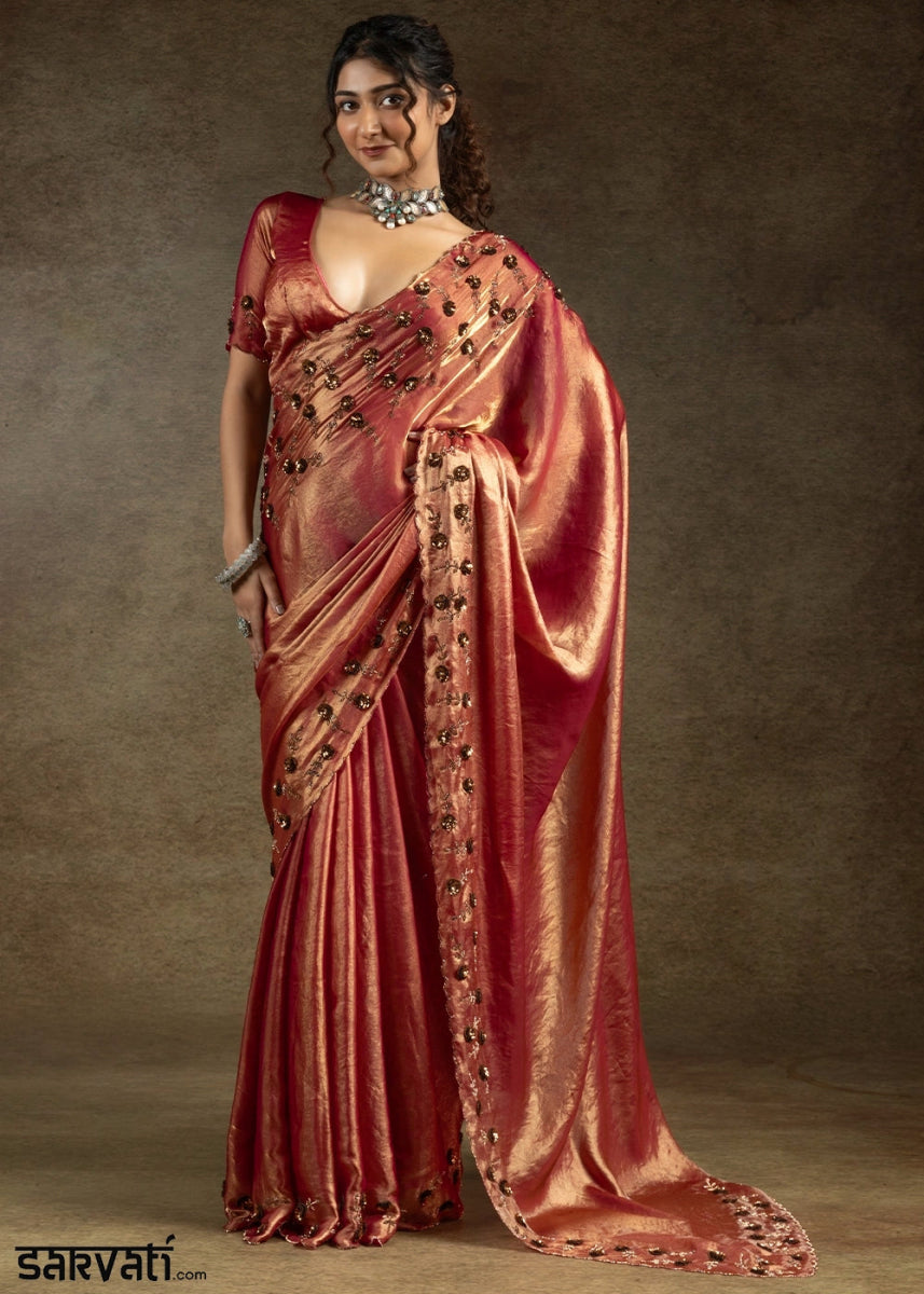 Shades Of Red Two Tone Satin Silk Saree with Intricate Zarkan, Sequin & Bead Work - House of Sarvati LLC