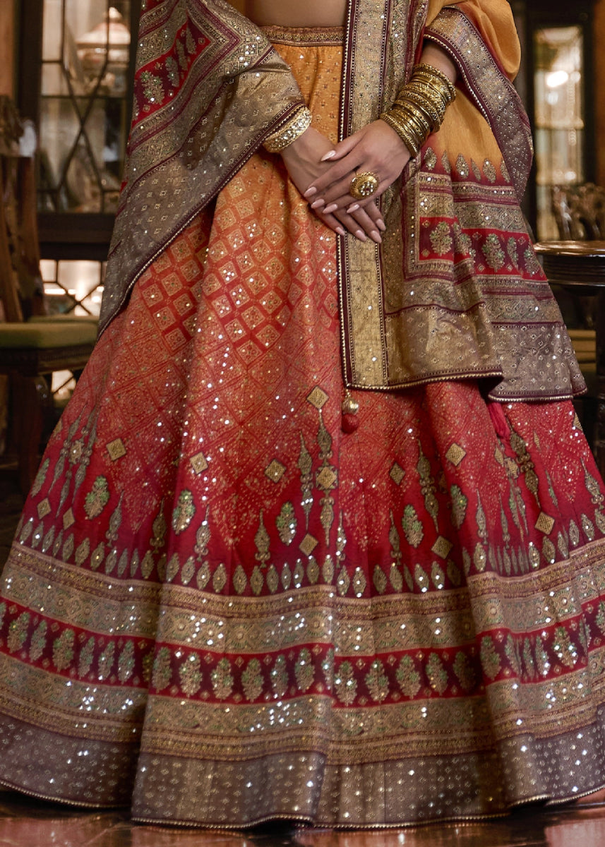 Shades Of Red & Yellow Embellished Rajwadi Silk Lehenga Choli with Aari Mirror Work - House of Sarvati LLC