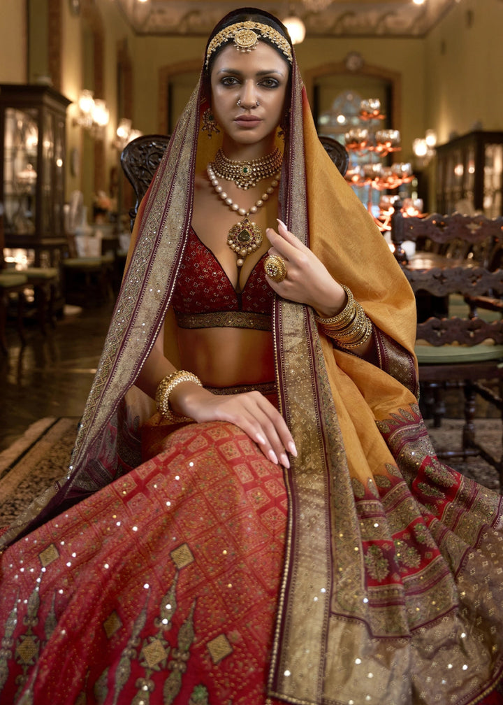 Shades Of Red & Yellow Embellished Rajwadi Silk Lehenga Choli with Aari Mirror Work - House of Sarvati LLC