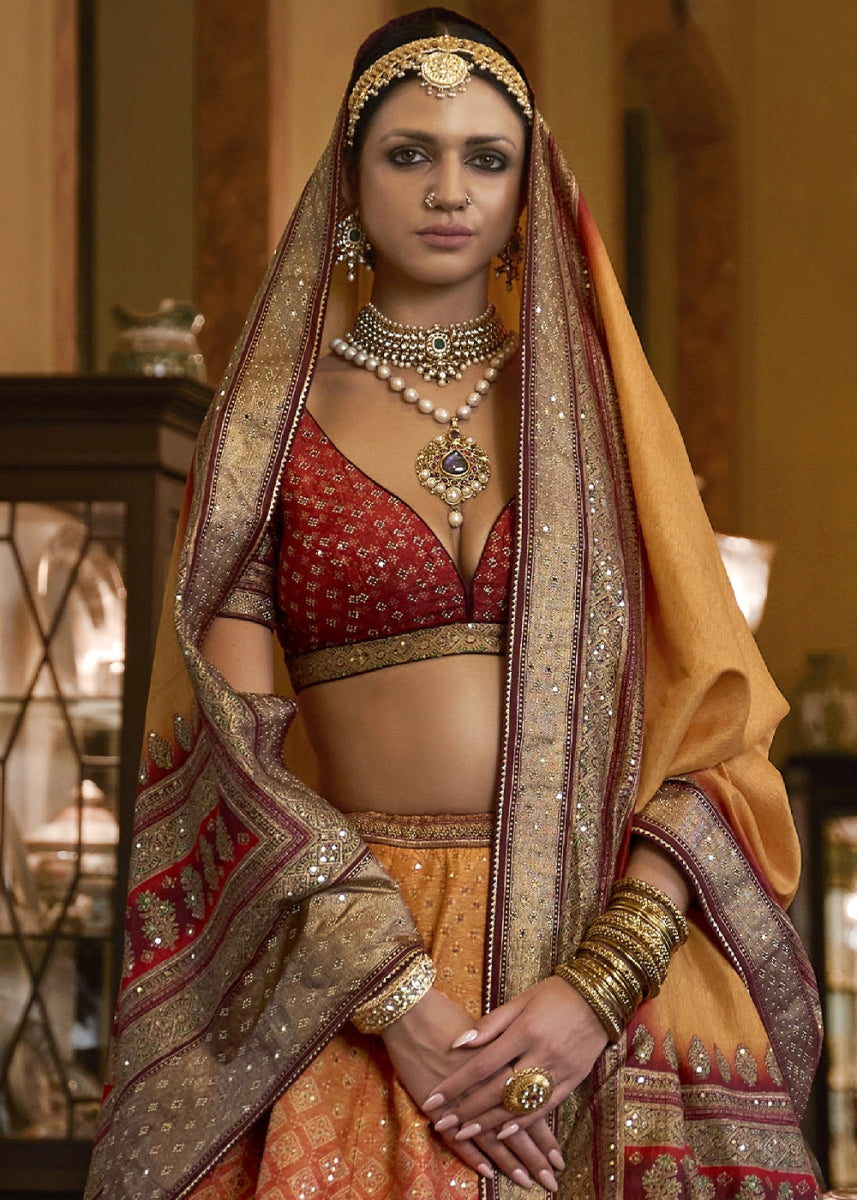 Shades Of Red & Yellow Embellished Rajwadi Silk Lehenga Choli with Aari Mirror Work - House of Sarvati LLC