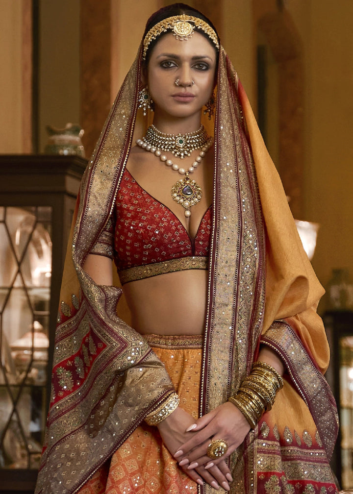 Shades Of Red & Yellow Embellished Rajwadi Silk Lehenga Choli with Aari Mirror Work - House of Sarvati LLC