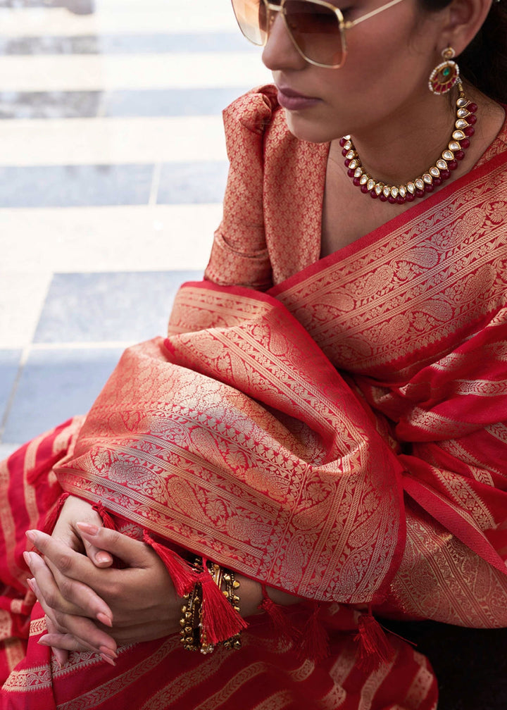 Shades Of Red Zari Woven Georgette Silk Saree - House of Sarvati LLC