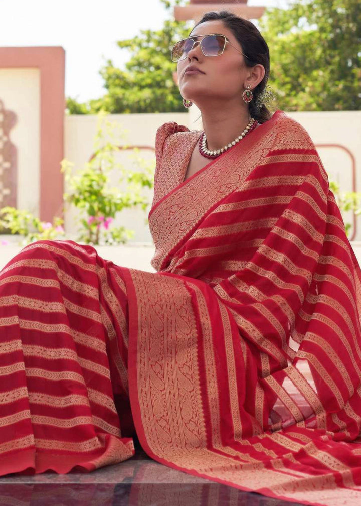 Shades Of Red Zari Woven Georgette Silk Saree - House of Sarvati LLC
