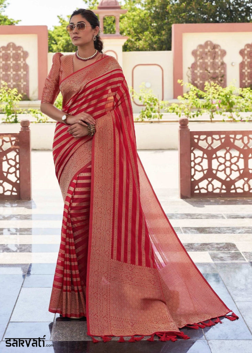 Shades Of Red Zari Woven Georgette Silk Saree - House of Sarvati LLC