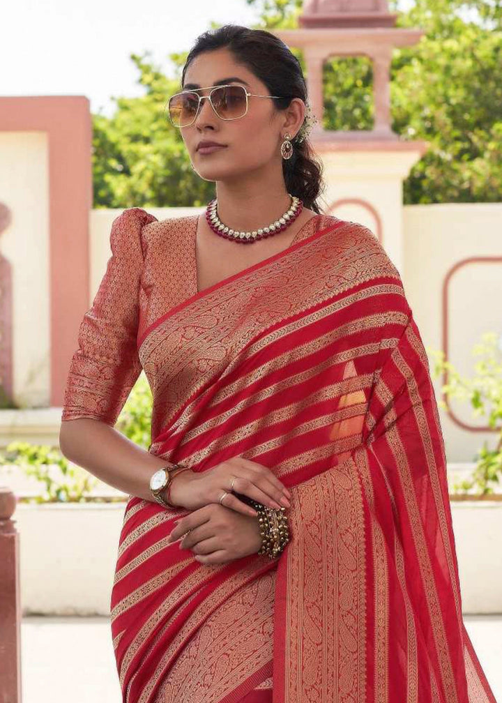Shades Of Red Zari Woven Georgette Silk Saree - House of Sarvati LLC