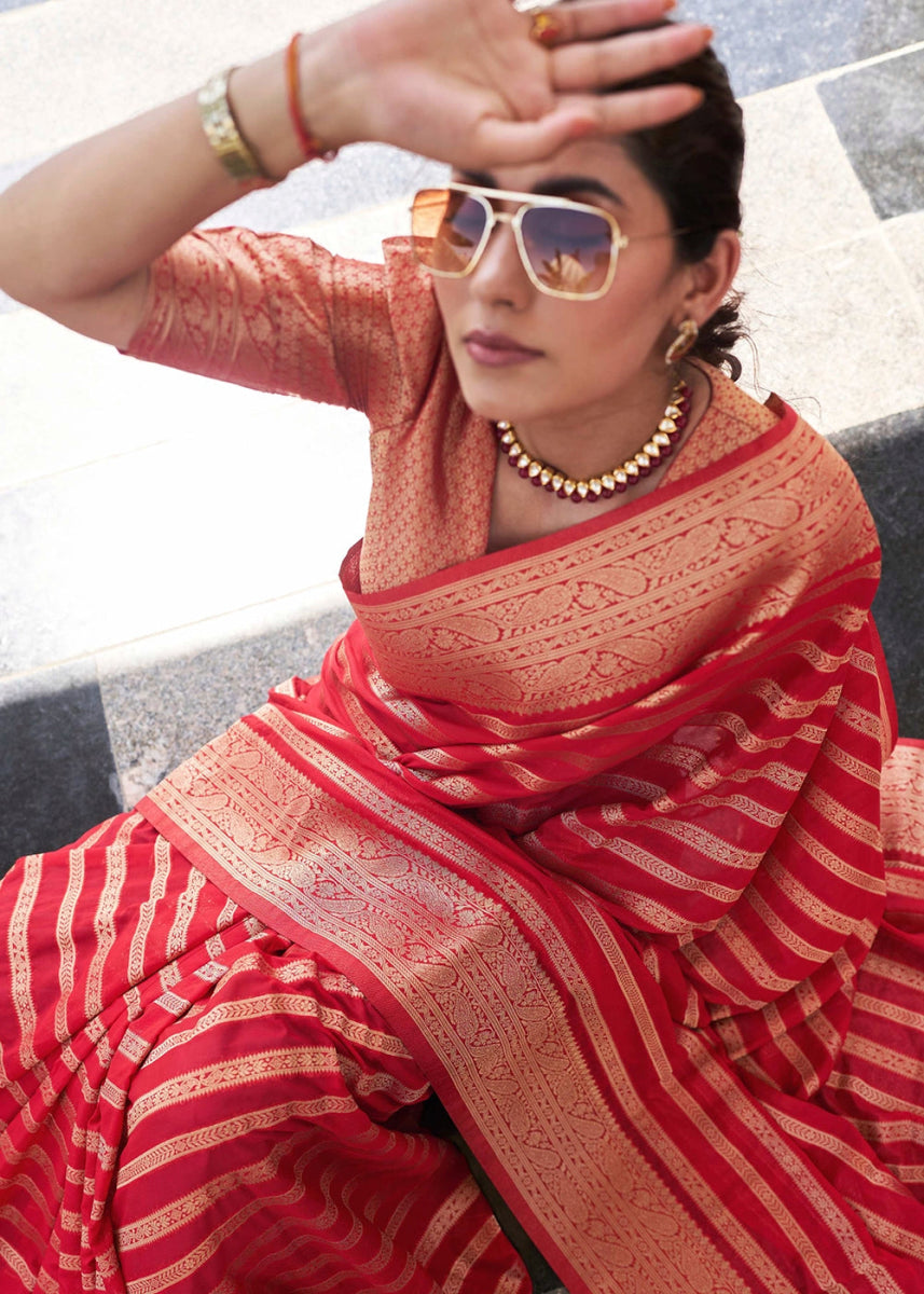Shades Of Red Zari Woven Georgette Silk Saree - House of Sarvati LLC