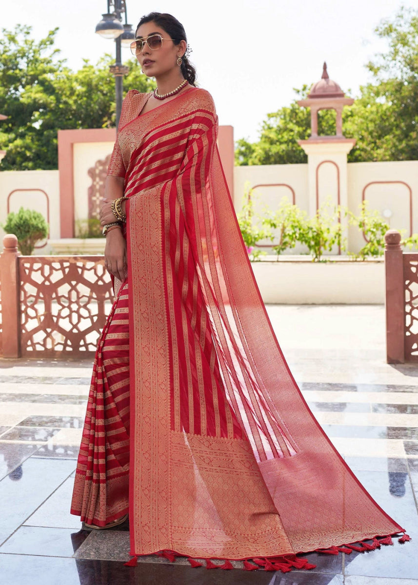 Shades Of Red Zari Woven Georgette Silk Saree - House of Sarvati LLC