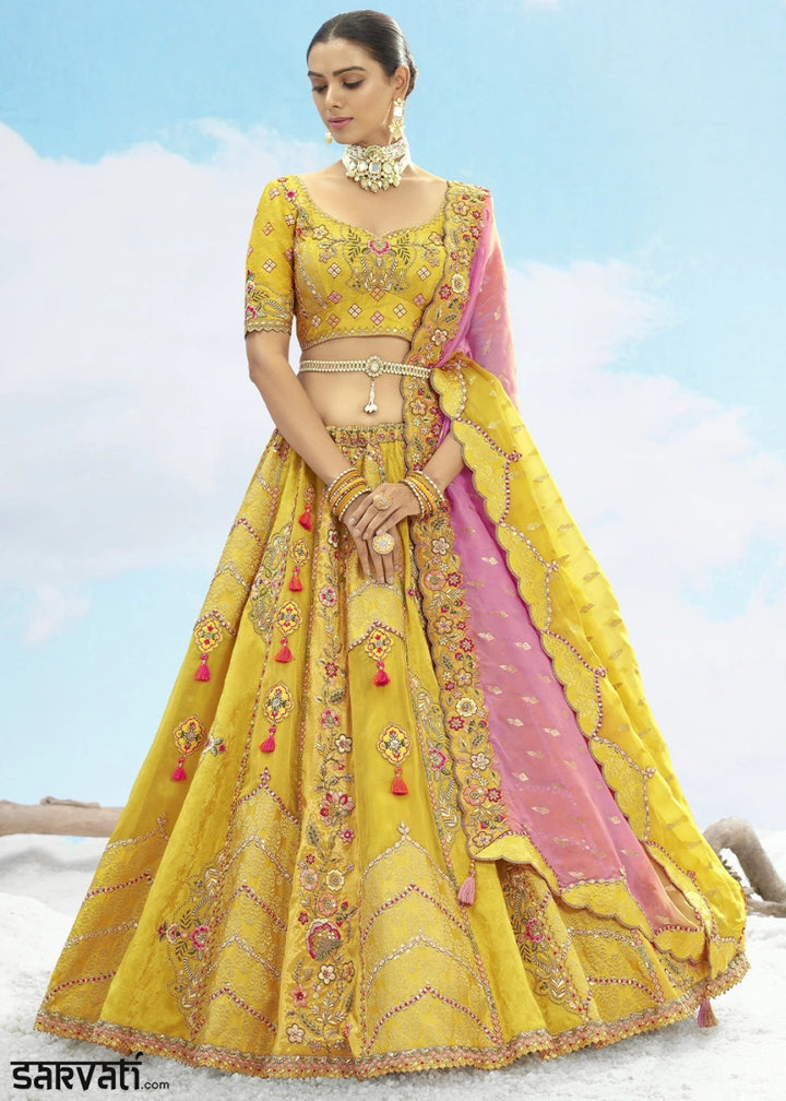 Shades Of Yellow Banarasi Silk Lehenga Choli with Intricate Embroidery and Cut Work - House of Sarvati LLC