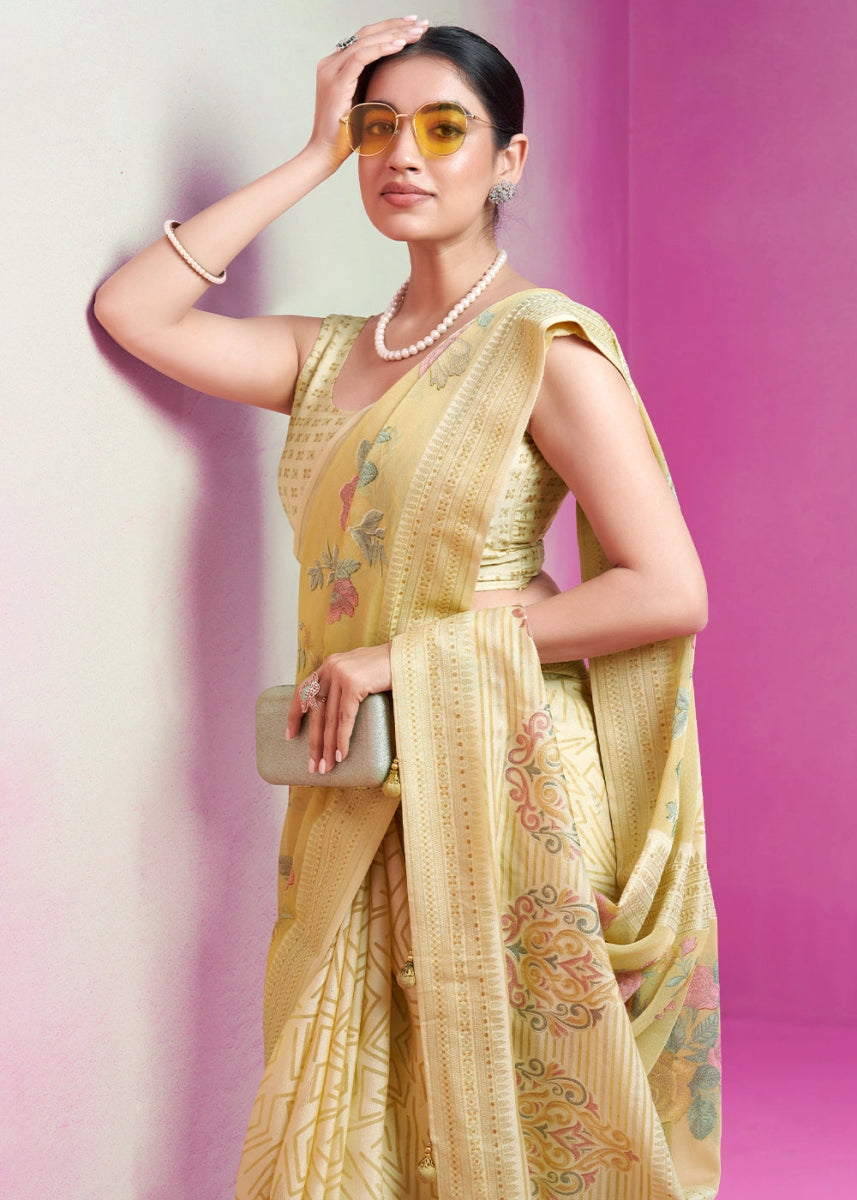 Shades Of Yellow Floral Georgette Silk Saree - House of Sarvati LLC