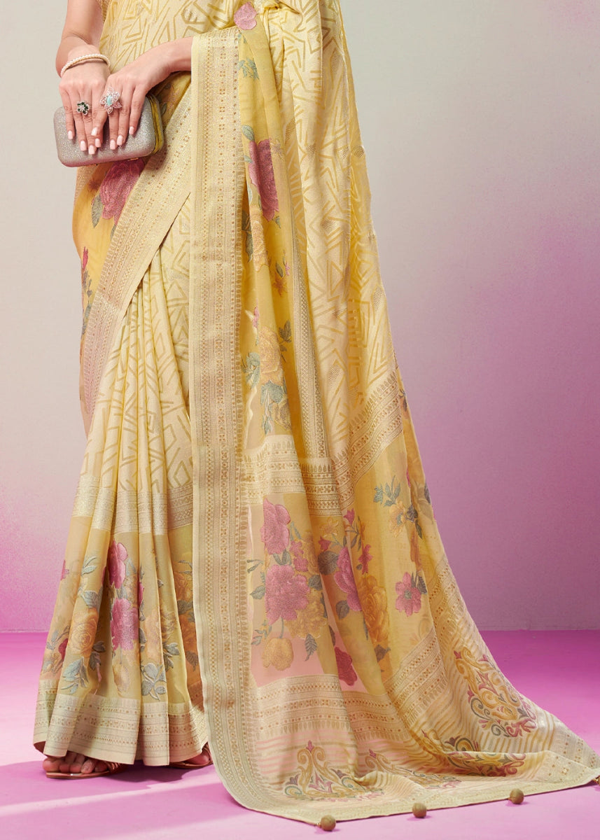 Shades Of Yellow Floral Georgette Silk Saree - House of Sarvati LLC