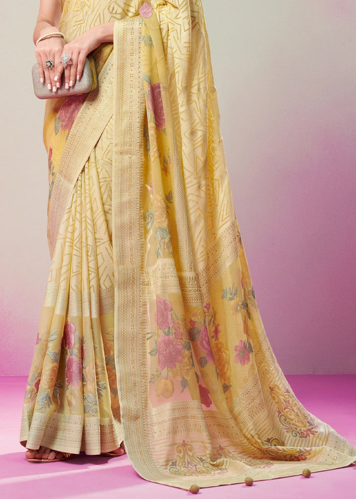 Shades Of Yellow Floral Georgette Silk Saree - House of Sarvati LLC