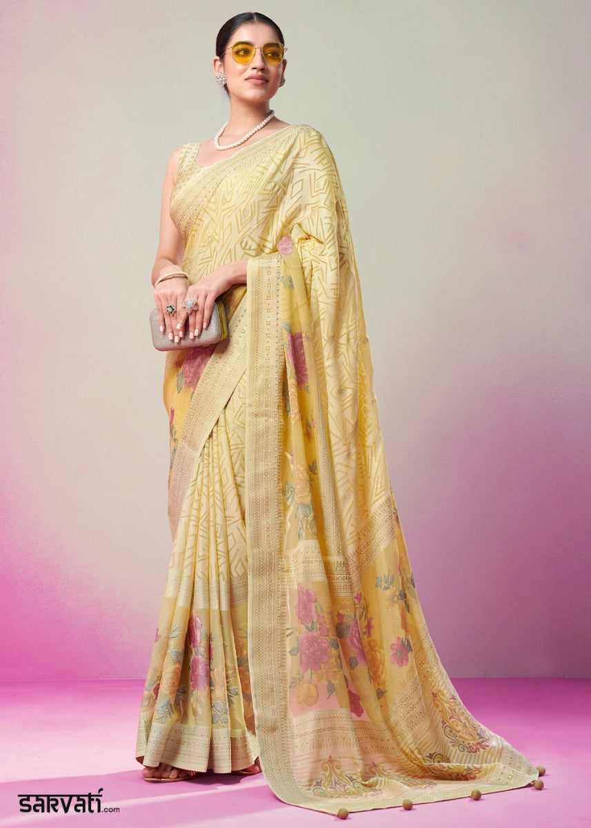 Shades Of Yellow Floral Georgette Silk Saree - House of Sarvati LLC