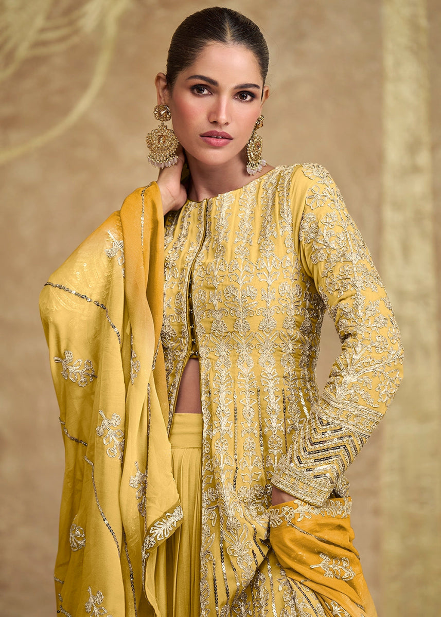 Shades Of Yellow Skirt and Top in Georgette with Stylish Long Jacket - House of Sarvati LLC