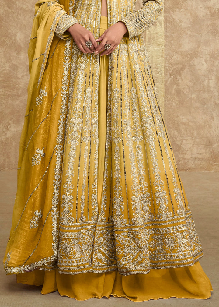Shades Of Yellow Skirt and Top in Georgette with Stylish Long Jacket - House of Sarvati LLC