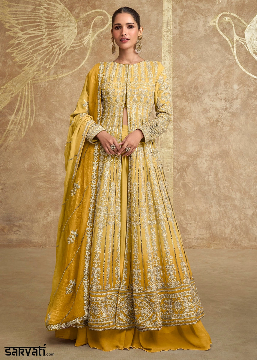 Shades Of Yellow Skirt and Top in Georgette with Stylish Long Jacket - House of Sarvati LLC