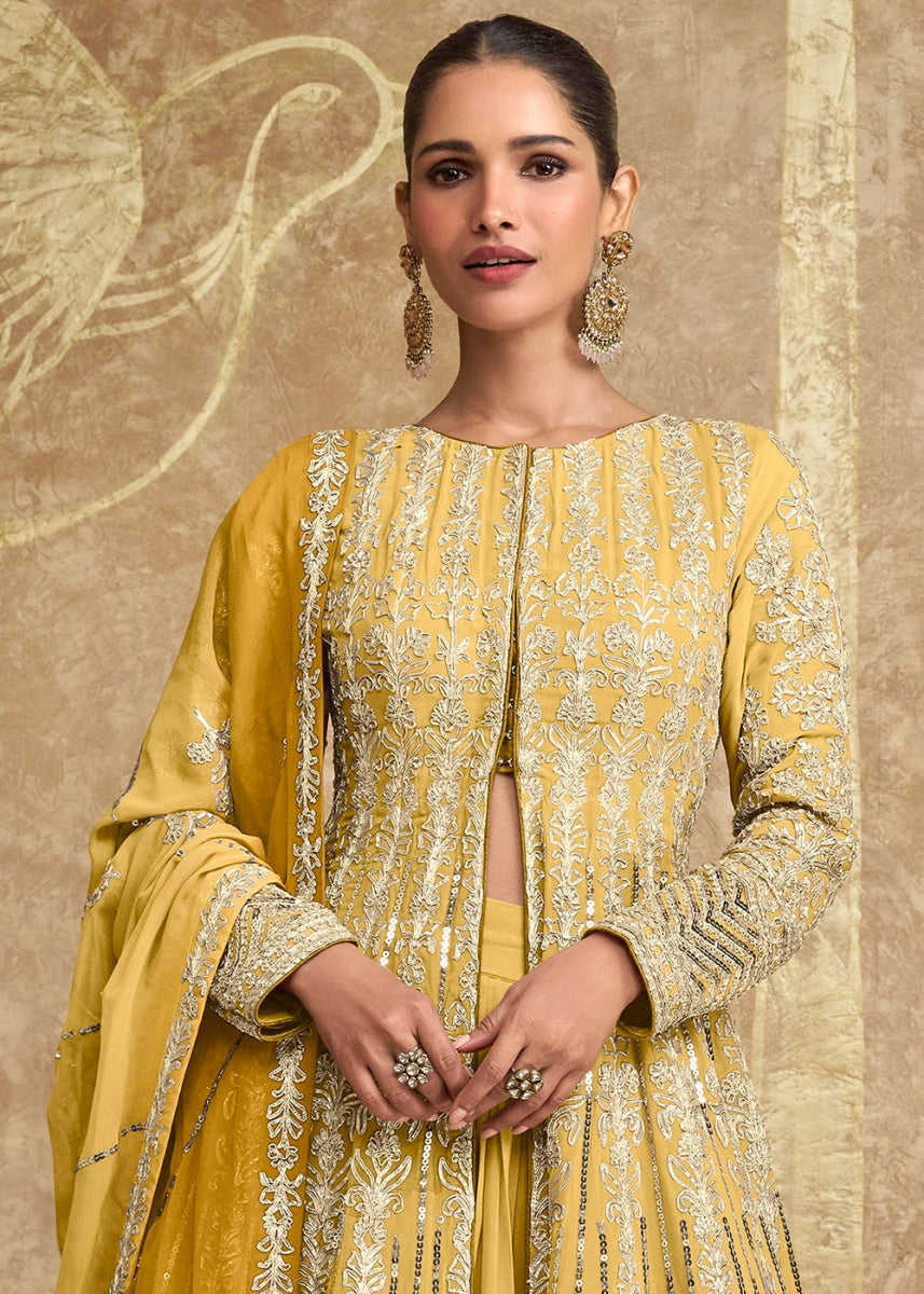Shades Of Yellow Skirt and Top in Georgette with Stylish Long Jacket - House of Sarvati LLC