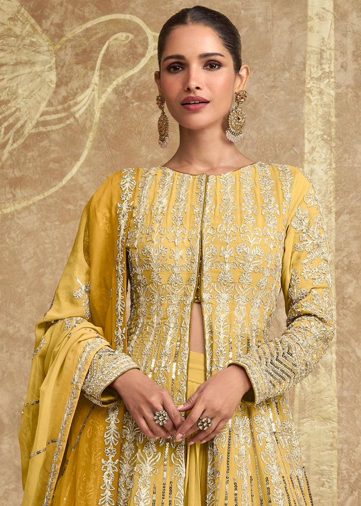 Shades Of Yellow Skirt and Top in Georgette with Stylish Long Jacket - House of Sarvati LLC