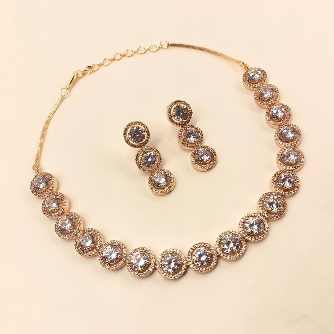 Shahnaaz Rose Gold Plated Semiprecious White Stone American Diamond Set - House of Sarvati LLC