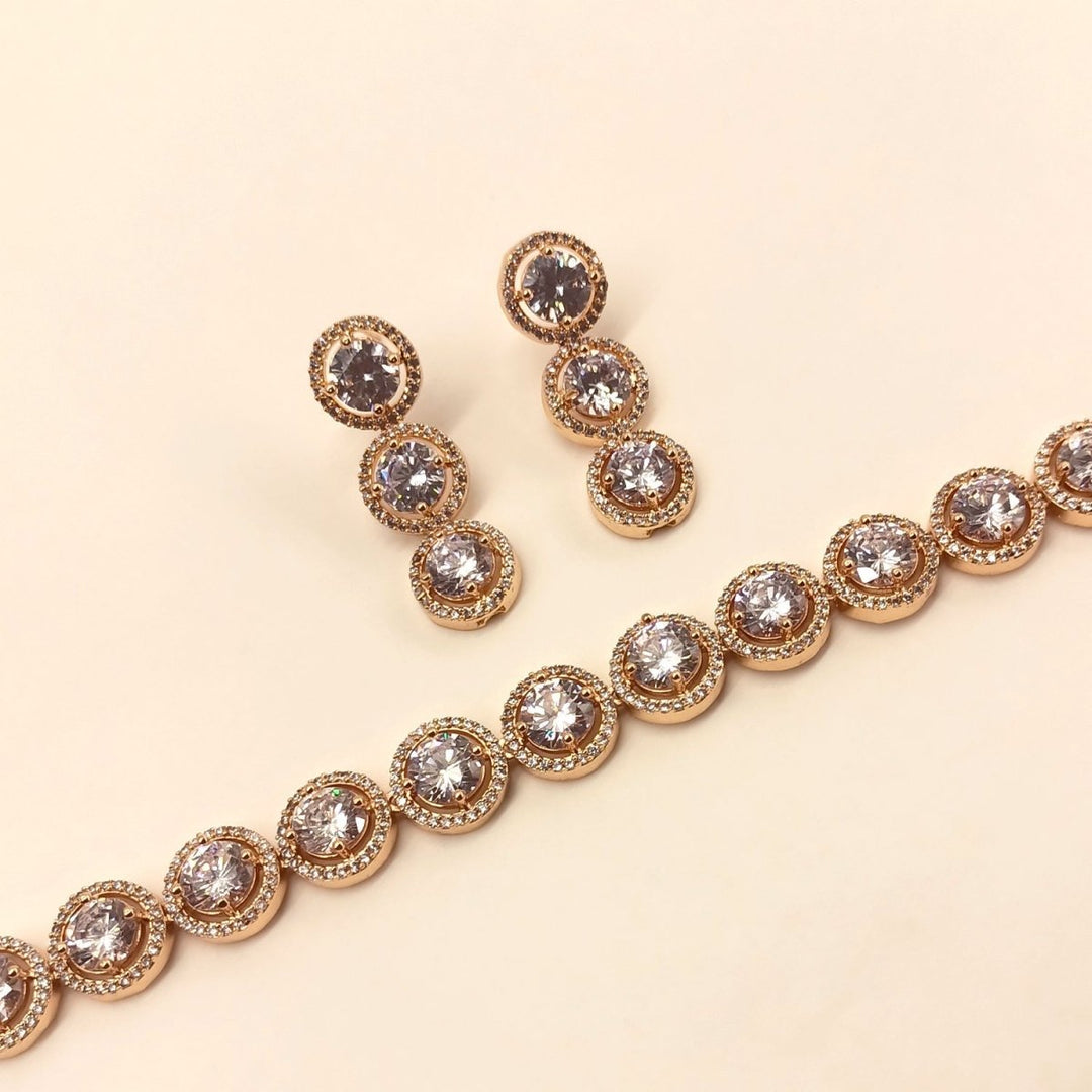 Shahnaaz Rose Gold Plated Semiprecious White Stone American Diamond Set - House of Sarvati LLC