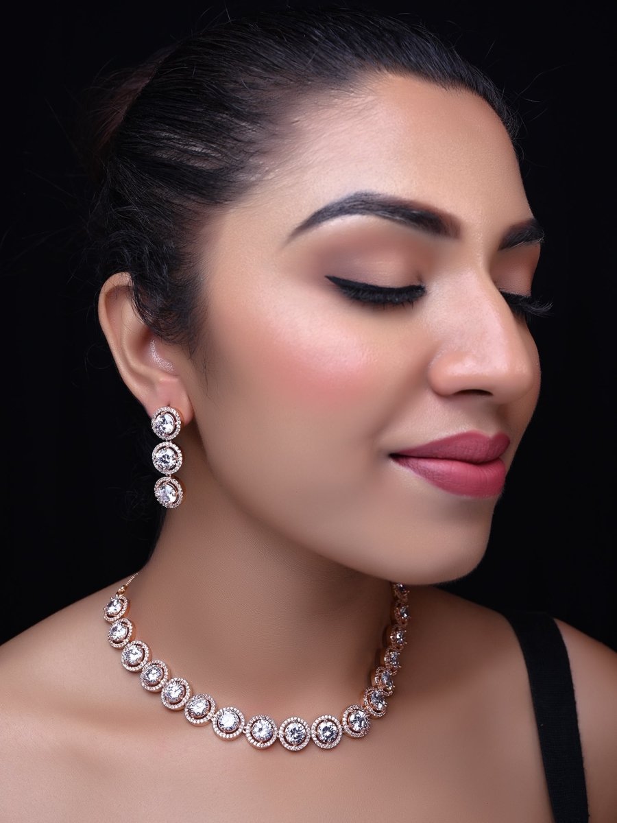 Shahnaaz Rose Gold Plated Semiprecious White Stone American Diamond Set - House of Sarvati LLC