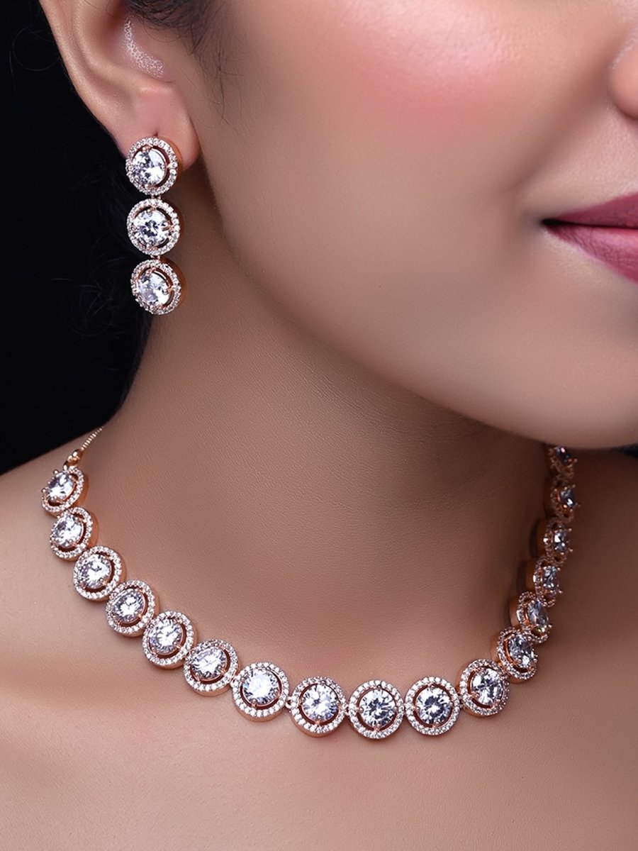 Shahnaaz Rose Gold Plated Semiprecious White Stone American Diamond Set - House of Sarvati LLC