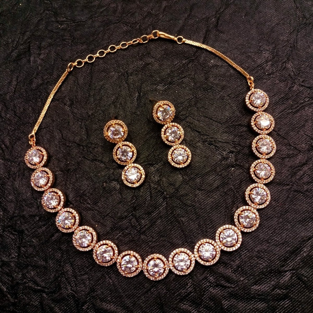 Shahnaaz Rose Gold Plated Semiprecious White Stone American Diamond Set - House of Sarvati LLC