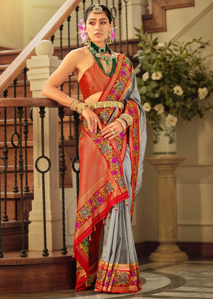 Shark Grey Banarasi Silk Saree With Jacquard Butti Weaving And Meenakari Border & Pallu - House of Sarvati LLC