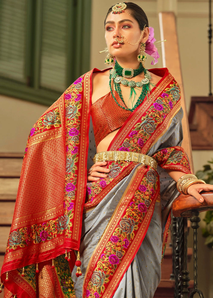 Shark Grey Banarasi Silk Saree With Jacquard Butti Weaving And Meenakari Border & Pallu - House of Sarvati LLC