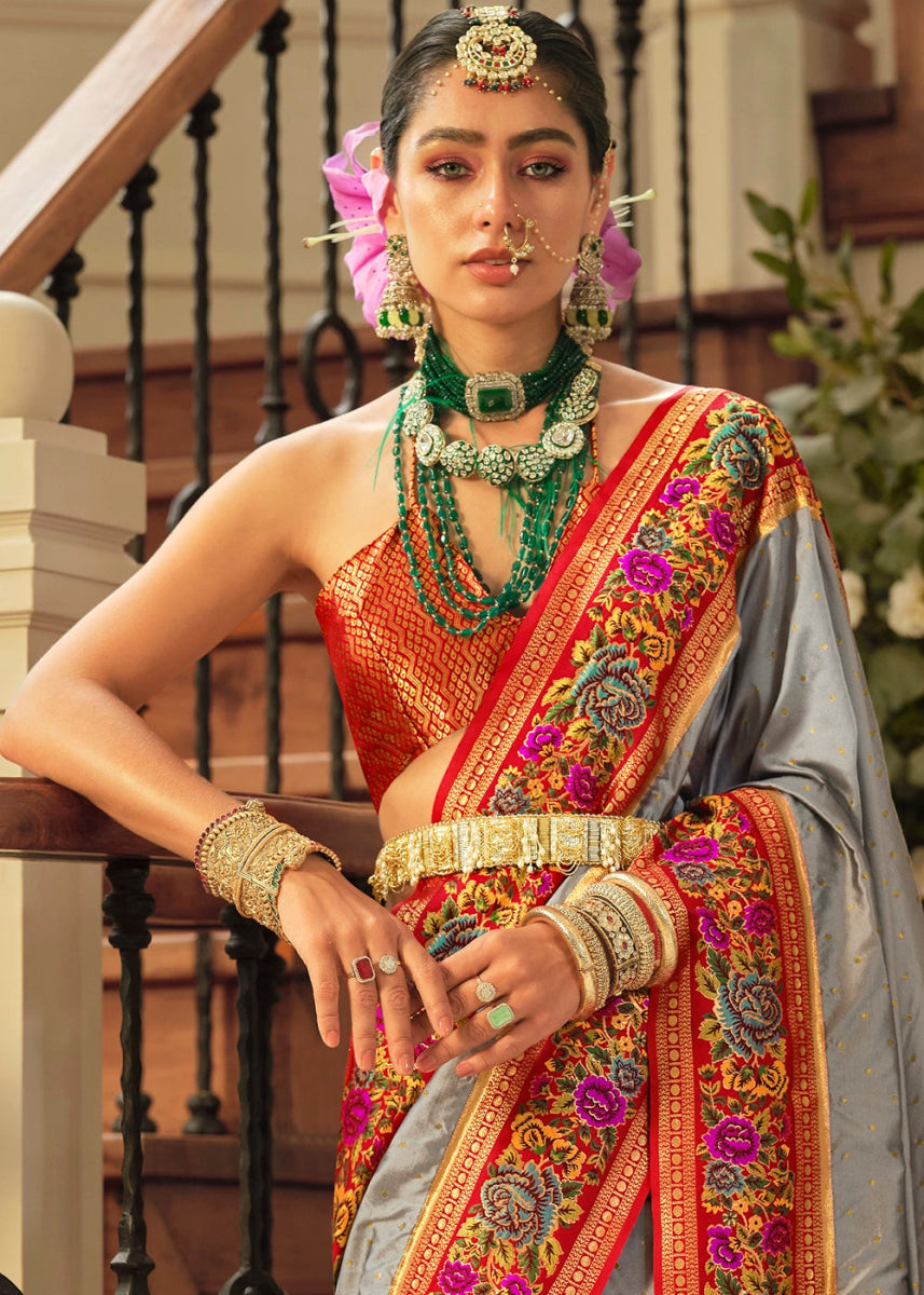 Shark Grey Banarasi Silk Saree With Jacquard Butti Weaving And Meenakari Border & Pallu - House of Sarvati LLC