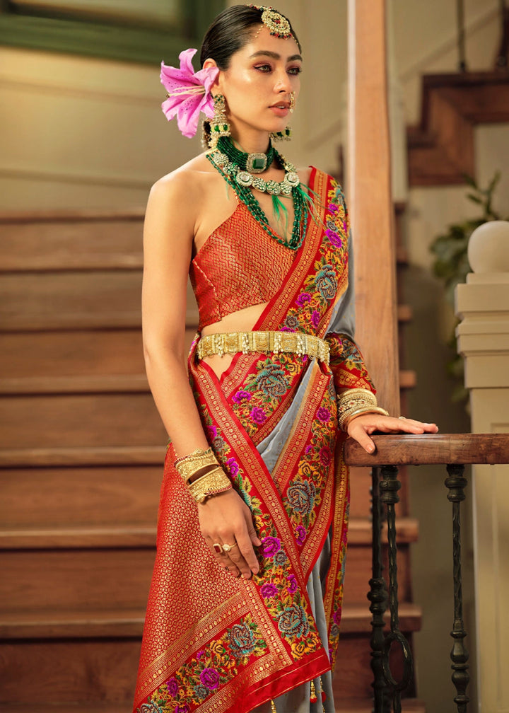 Shark Grey Banarasi Silk Saree With Jacquard Butti Weaving And Meenakari Border & Pallu - House of Sarvati LLC