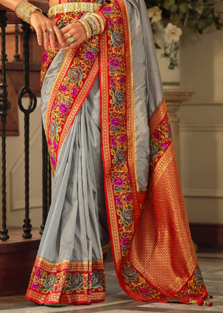 Shark Grey Banarasi Silk Saree With Jacquard Butti Weaving And Meenakari Border & Pallu - House of Sarvati LLC