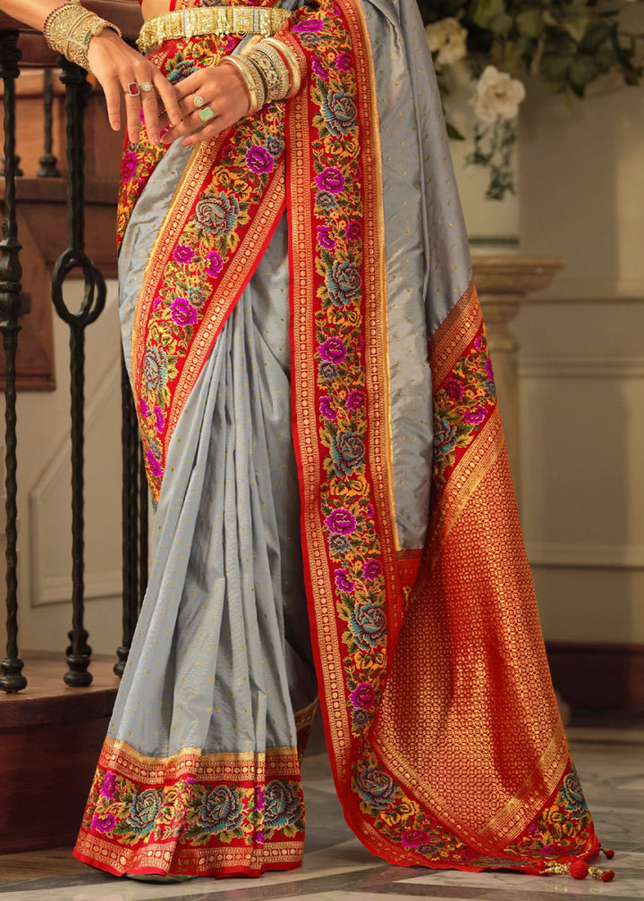 Shark Grey Banarasi Silk Saree With Jacquard Butti Weaving And Meenakari Border & Pallu - House of Sarvati LLC