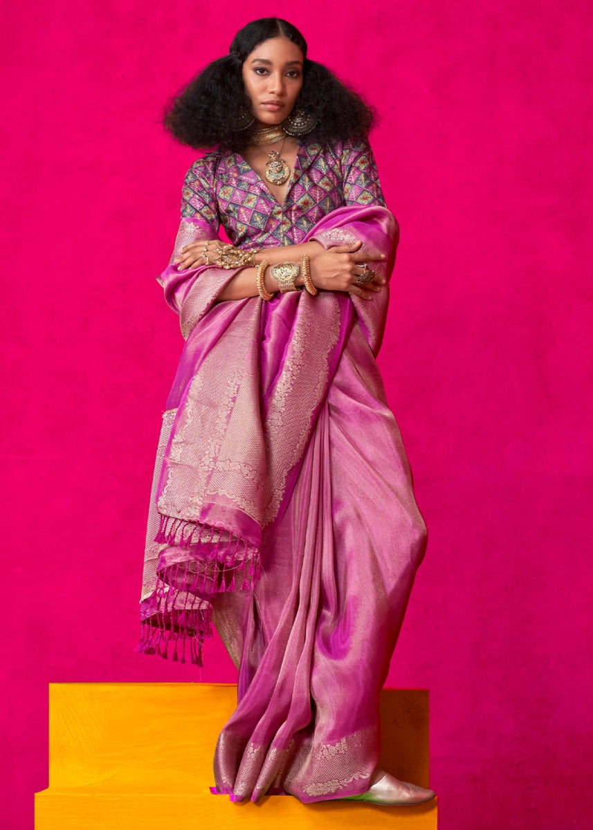 Shimmering Purple Tissue Silk Saree with Zari Weaving - House of Sarvati LLC