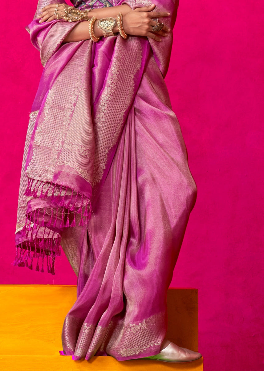 Shimmering Purple Tissue Silk Saree with Zari Weaving - House of Sarvati LLC