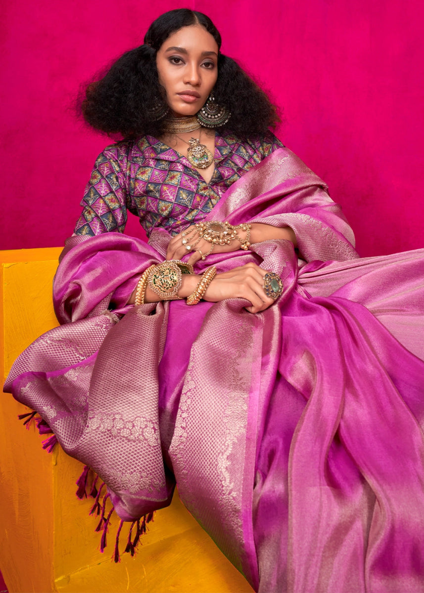 Shimmering Purple Tissue Silk Saree with Zari Weaving - House of Sarvati LLC