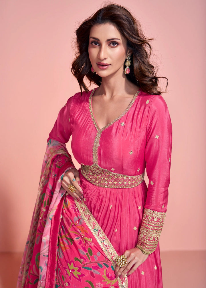 Shocking Pink Anarkali Gown in Chinon Silk with Dual Embroidery - House of Sarvati LLC