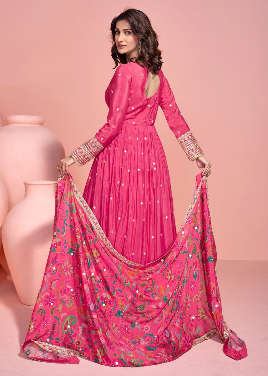 Shocking Pink Anarkali Gown in Chinon Silk with Dual Embroidery - House of Sarvati LLC