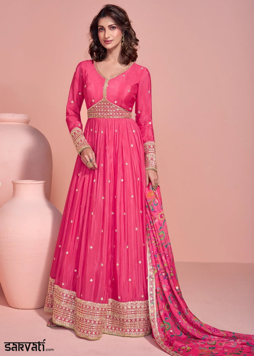 Shocking Pink Anarkali Gown in Chinon Silk with Dual Embroidery - House of Sarvati LLC