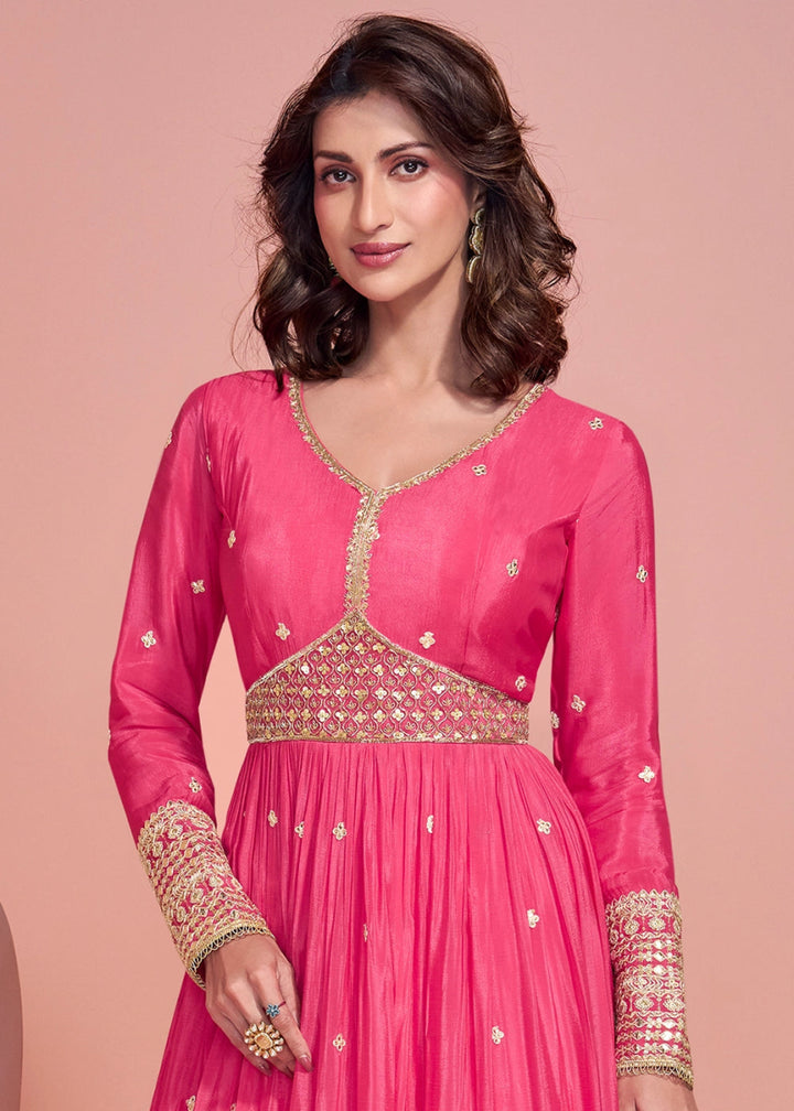 Shocking Pink Anarkali Gown in Chinon Silk with Dual Embroidery - House of Sarvati LLC