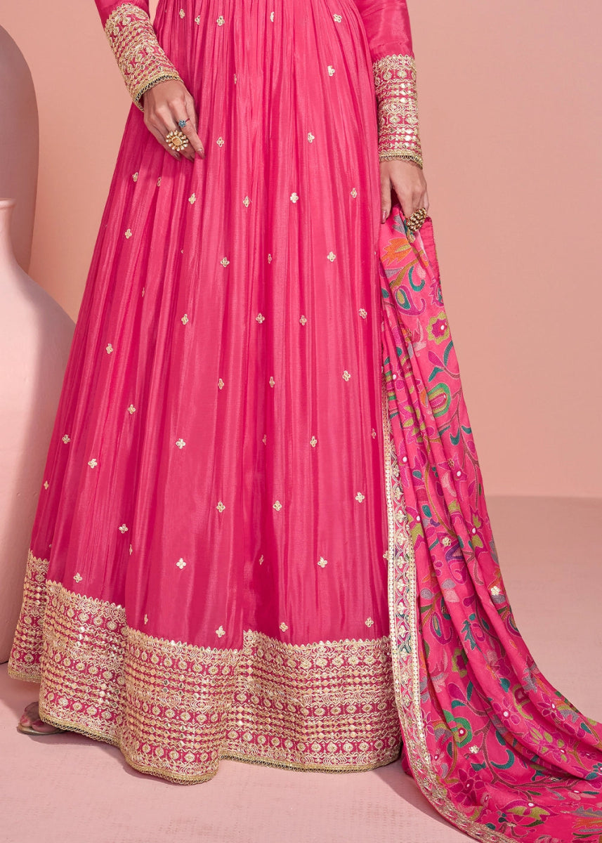Shocking Pink Anarkali Gown in Chinon Silk with Dual Embroidery - House of Sarvati LLC