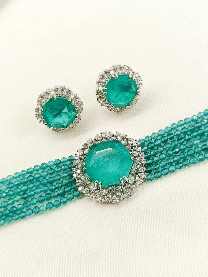 Shravani Green American Diamond Choker Set - House of Sarvati LLC
