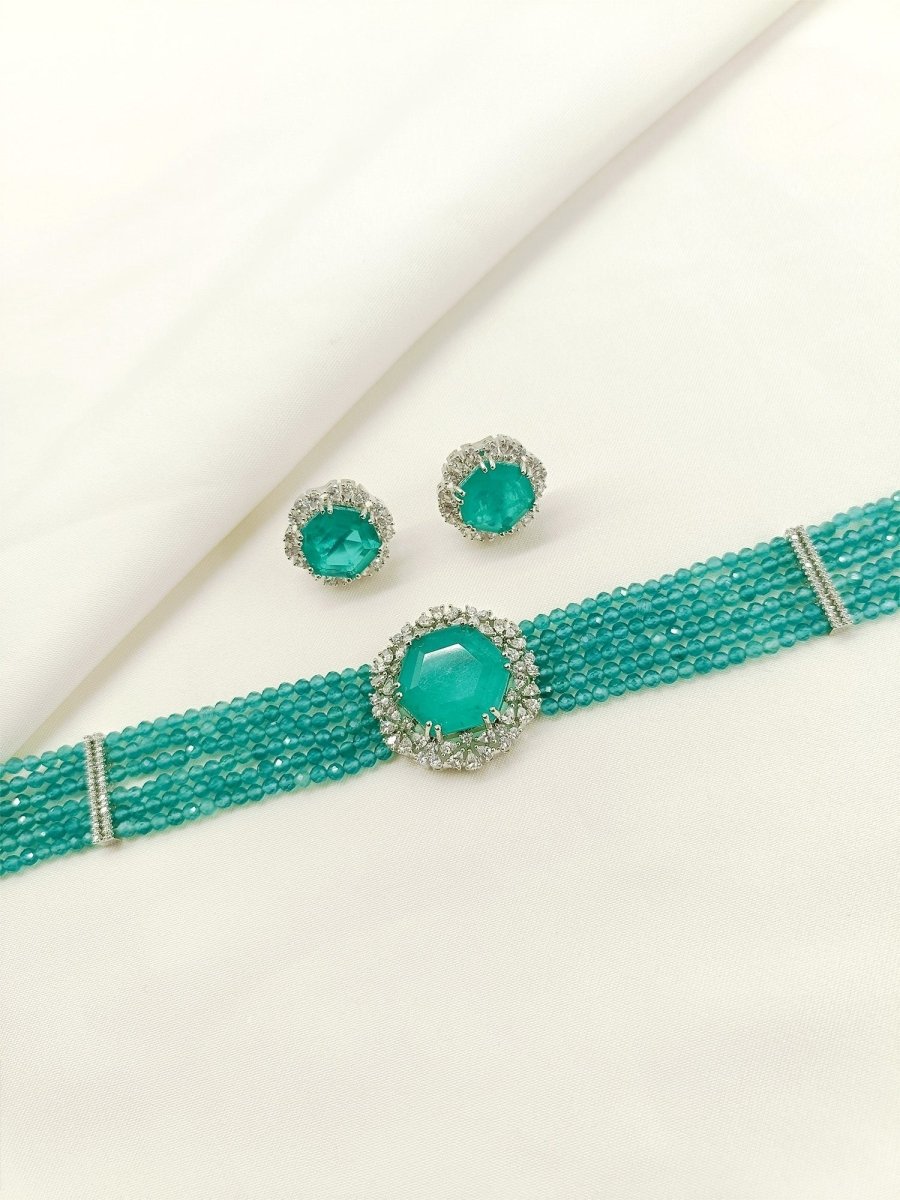 Shravani Green American Diamond Choker Set - House of Sarvati LLC