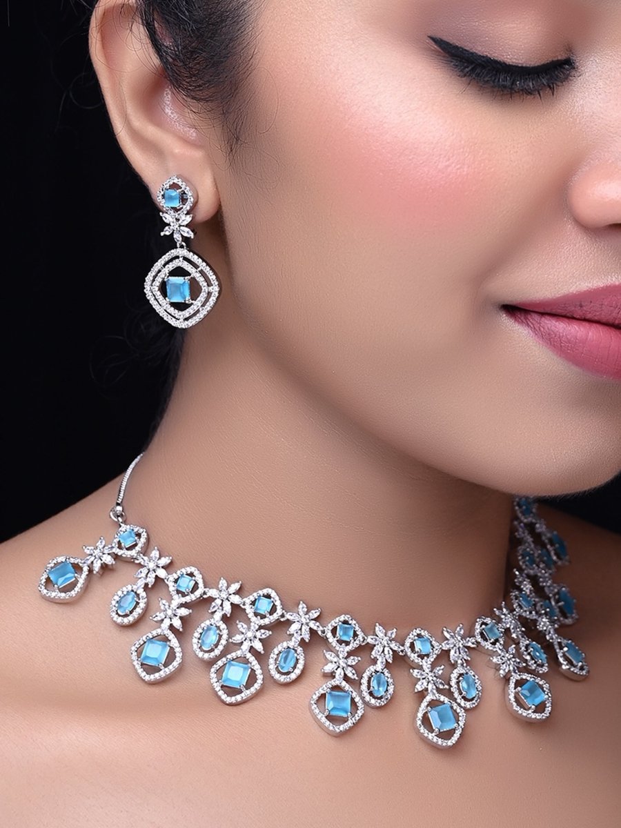 Sidra Silver Plated Semiprecious Sky Blue Stone American Diamond set - House of Sarvati LLC