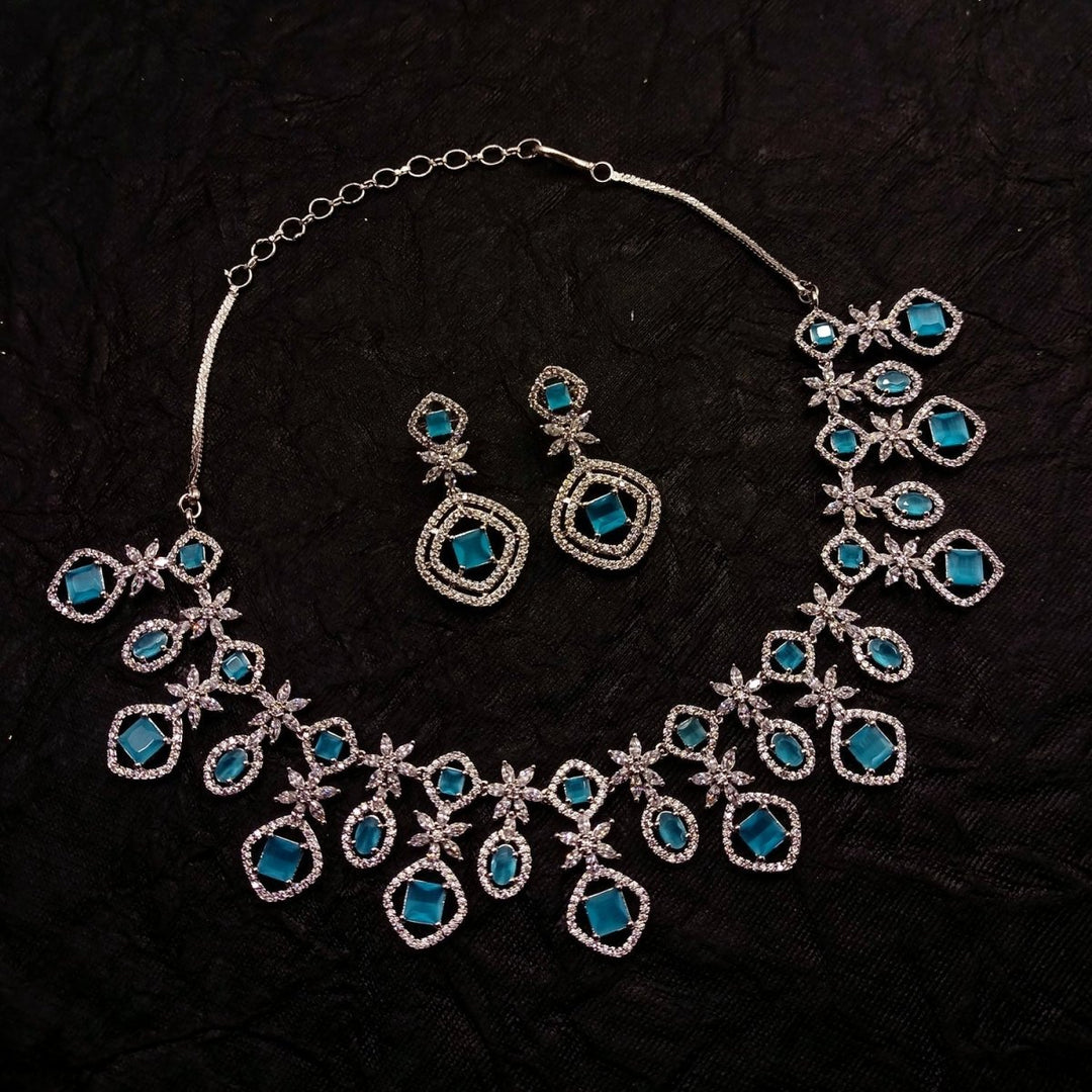 Sidra Silver Plated Semiprecious Sky Blue Stone American Diamond set - House of Sarvati LLC
