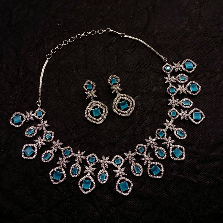 Sidra Silver Plated Semiprecious Sky Blue Stone American Diamond set - House of Sarvati LLC