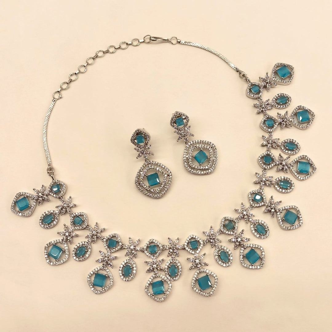Sidra Silver Plated Semiprecious Sky Blue Stone American Diamond set - House of Sarvati LLC